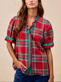 Plaid Puff Sleeves Top | Red