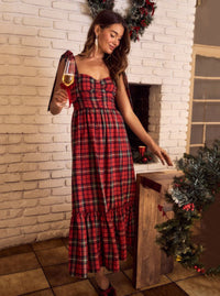 Plaid Midi Dress with Ribbon Straps | Red