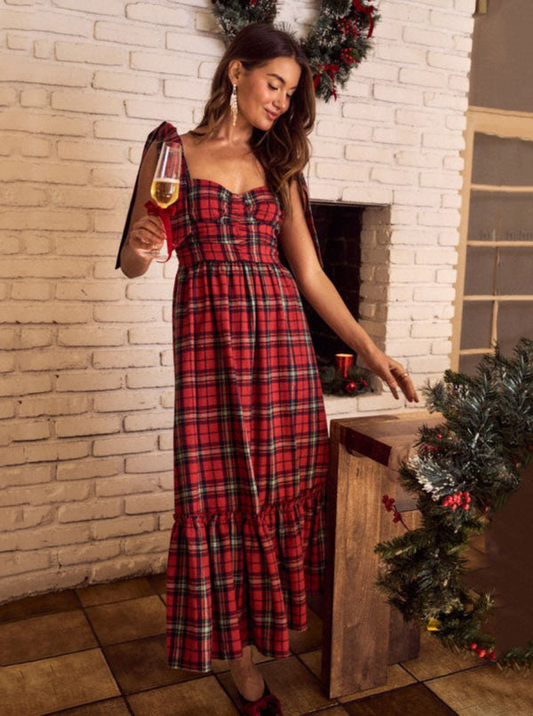 Plaid Midi Dress with Ribbon Straps | Red