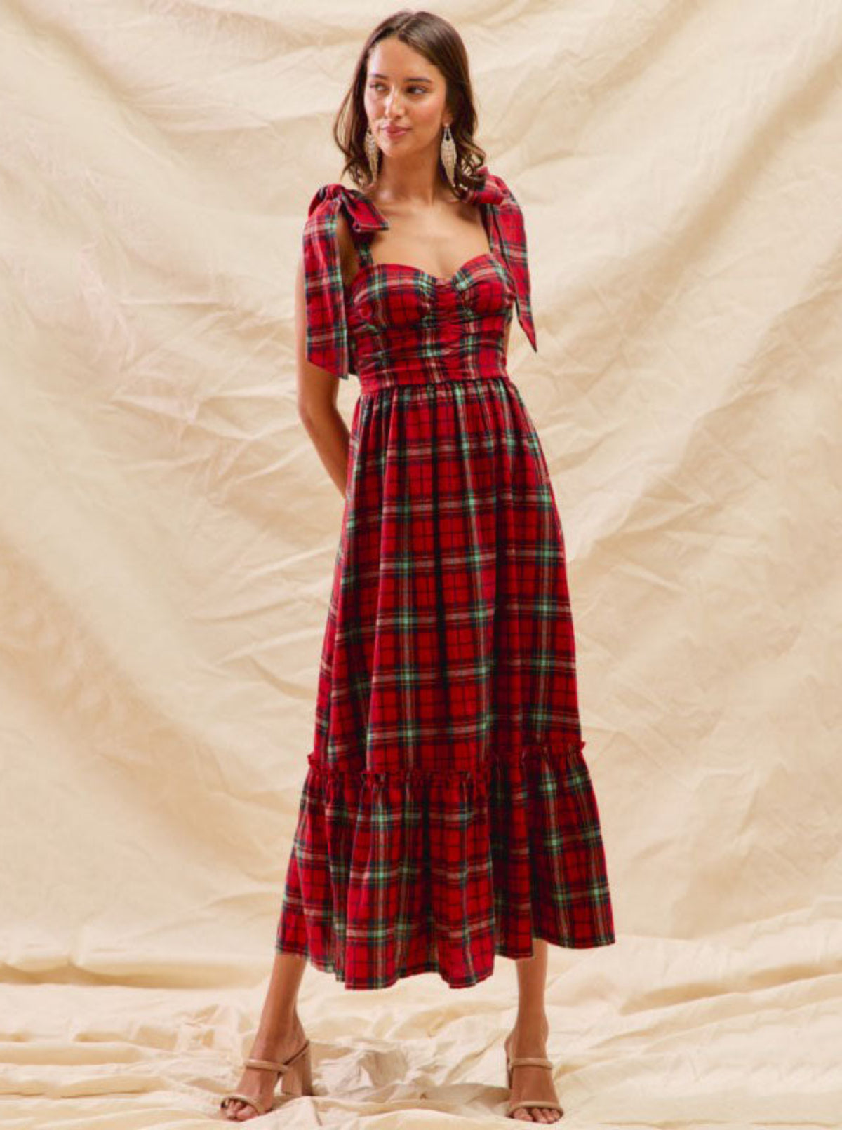 Plaid Midi Dress with Ribbon Straps | Red