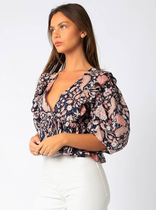 Floral Ruffle Top | Navy