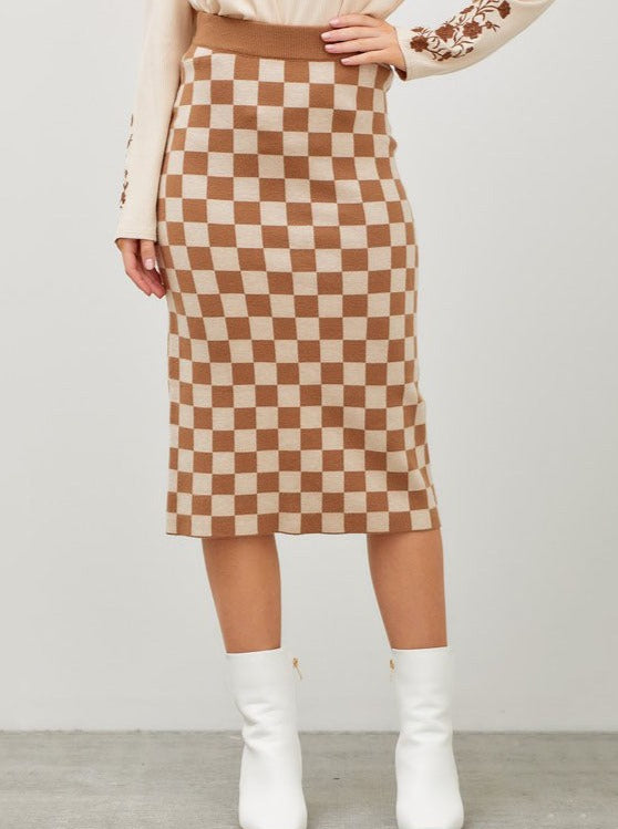 Checkerboard Midi Skirt | Beige