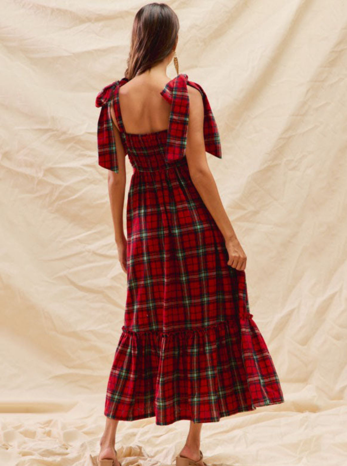 Plaid Midi Dress with Ribbon Straps | Red