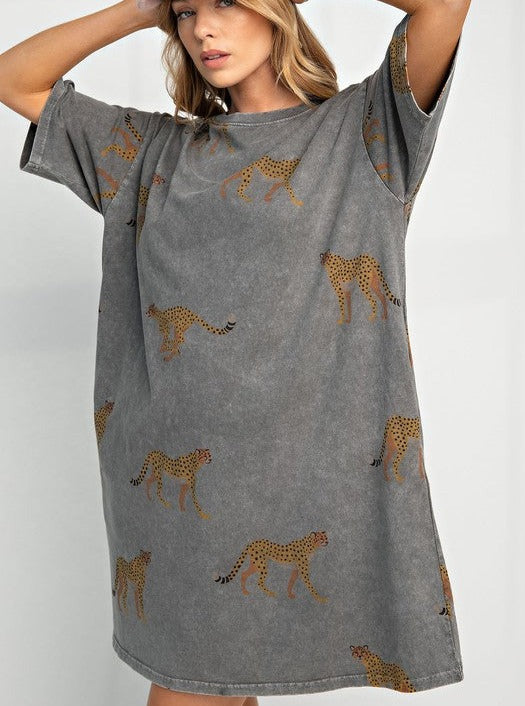 Cheetah Print T-Shirt Dress | Washed Grey