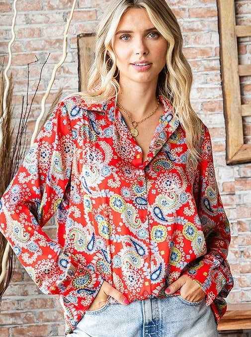 Paisley Button-Up Top | Red