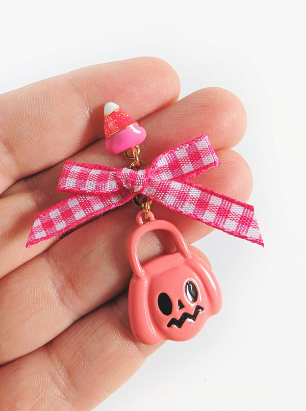 Gingham Pumpkin Earrings | Pink & Orange