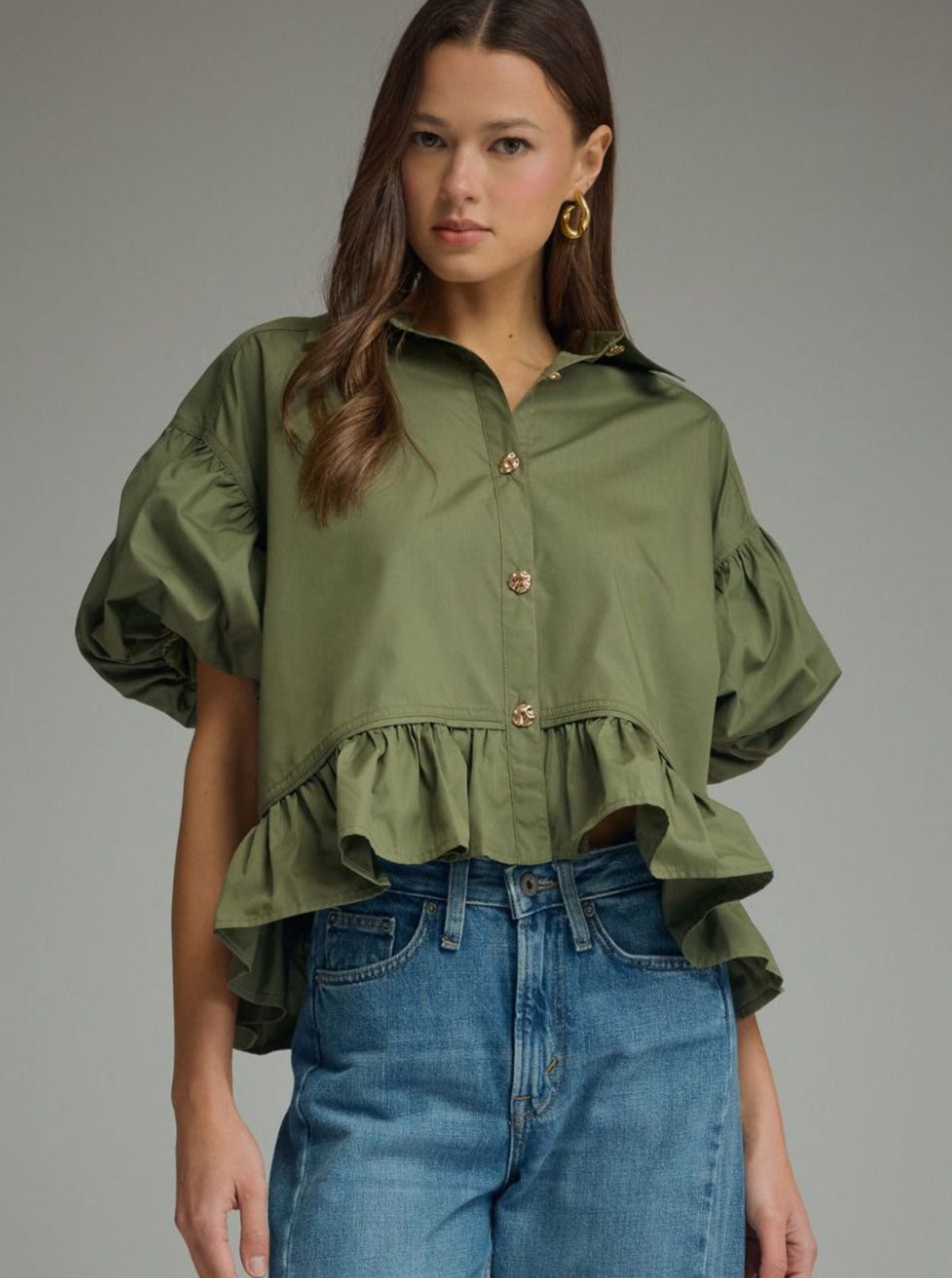 Fiona Button-Down Peplum Top | Olive
