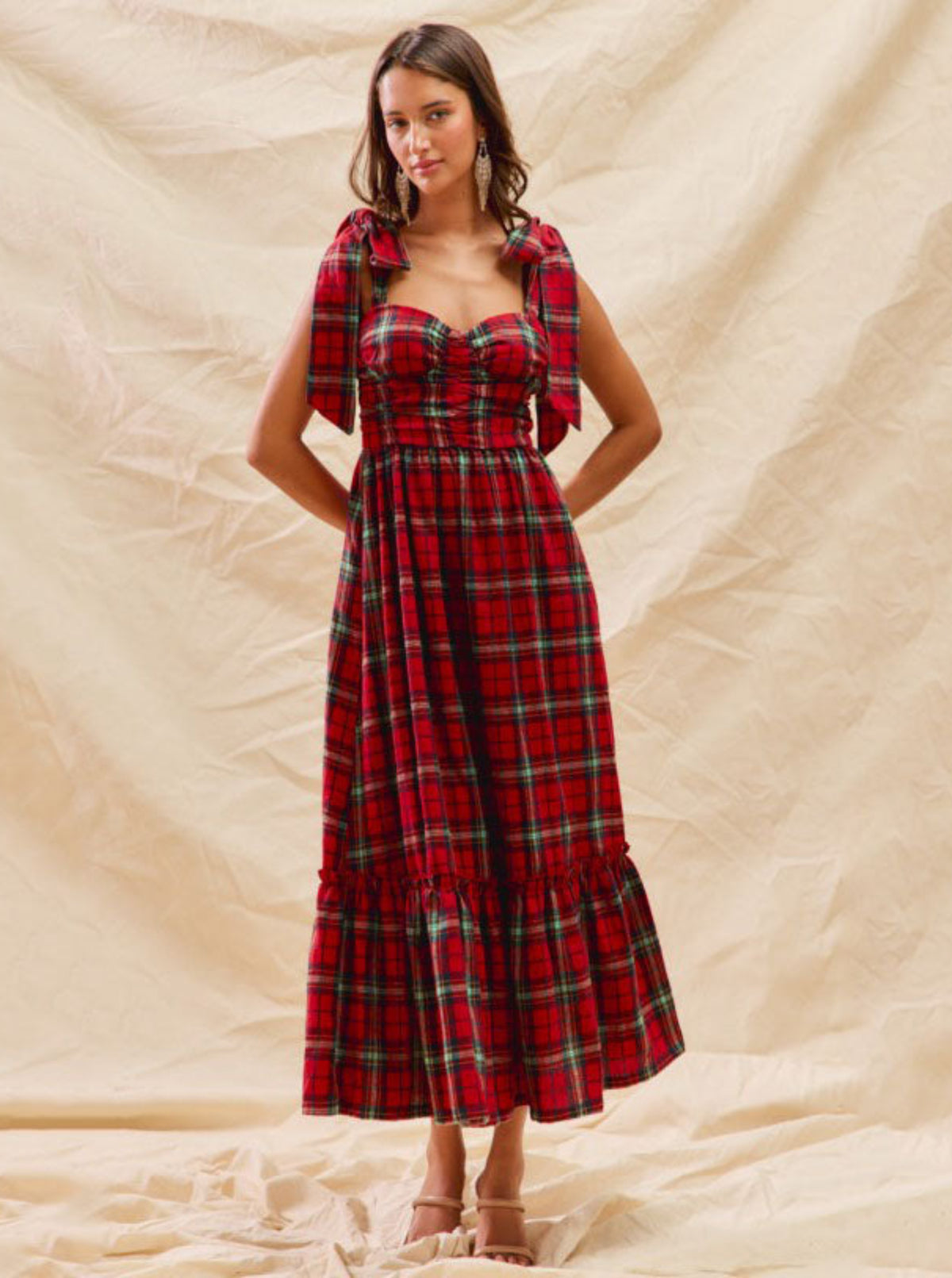Plaid Midi Dress with Ribbon Straps | Red