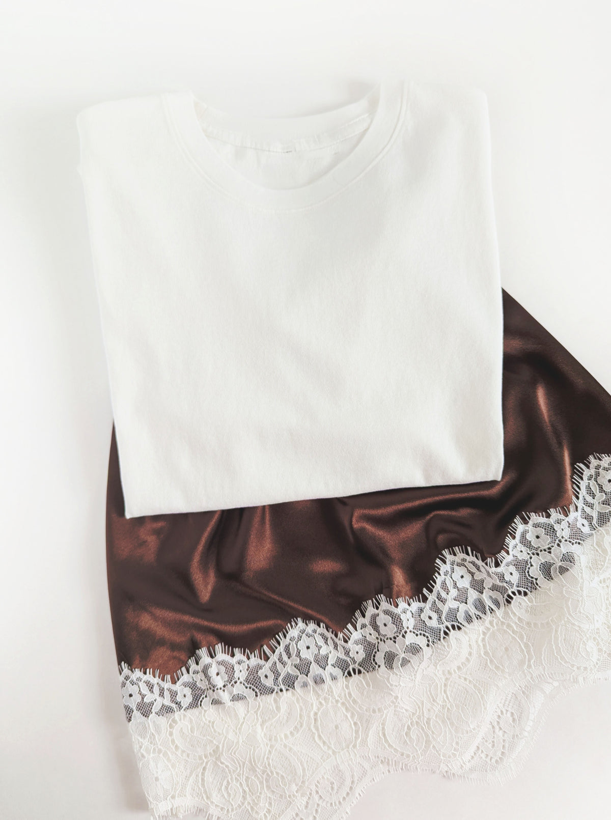 Satin Skirt with Lace Hem | Coral & Brown