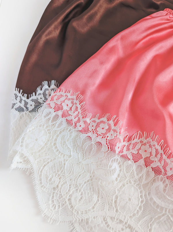 Satin Skirt with Lace Hem | Coral & Brown