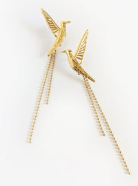 Tarnish Resistant Bird Tassel Earrings | Gold