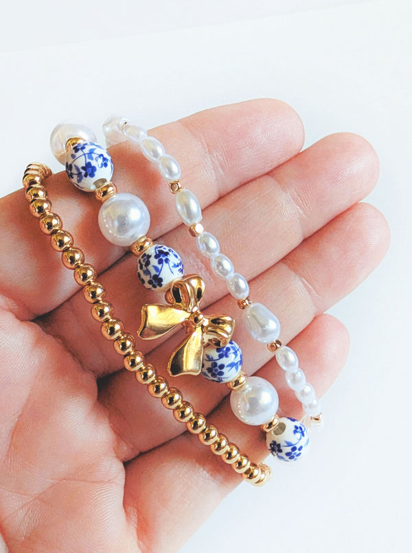 Blue Floral Stretch Bracelet Set