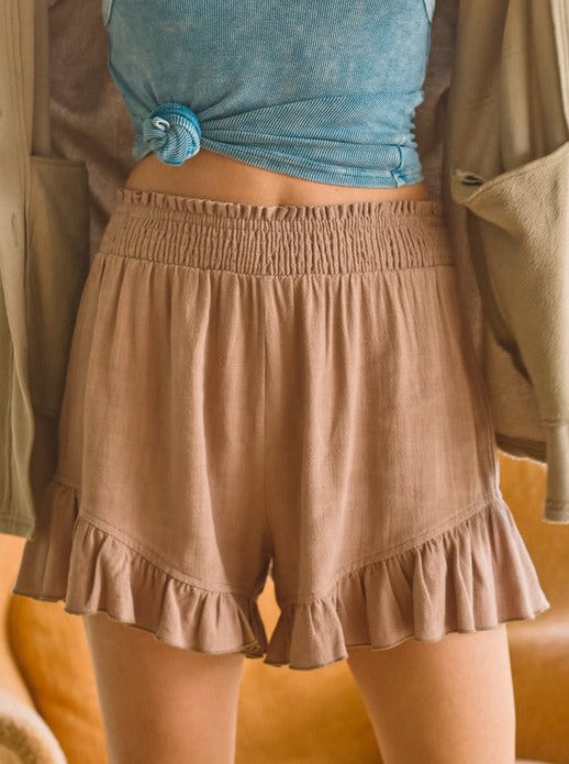 Linen Ruffle Shorts | Olive & Khaki