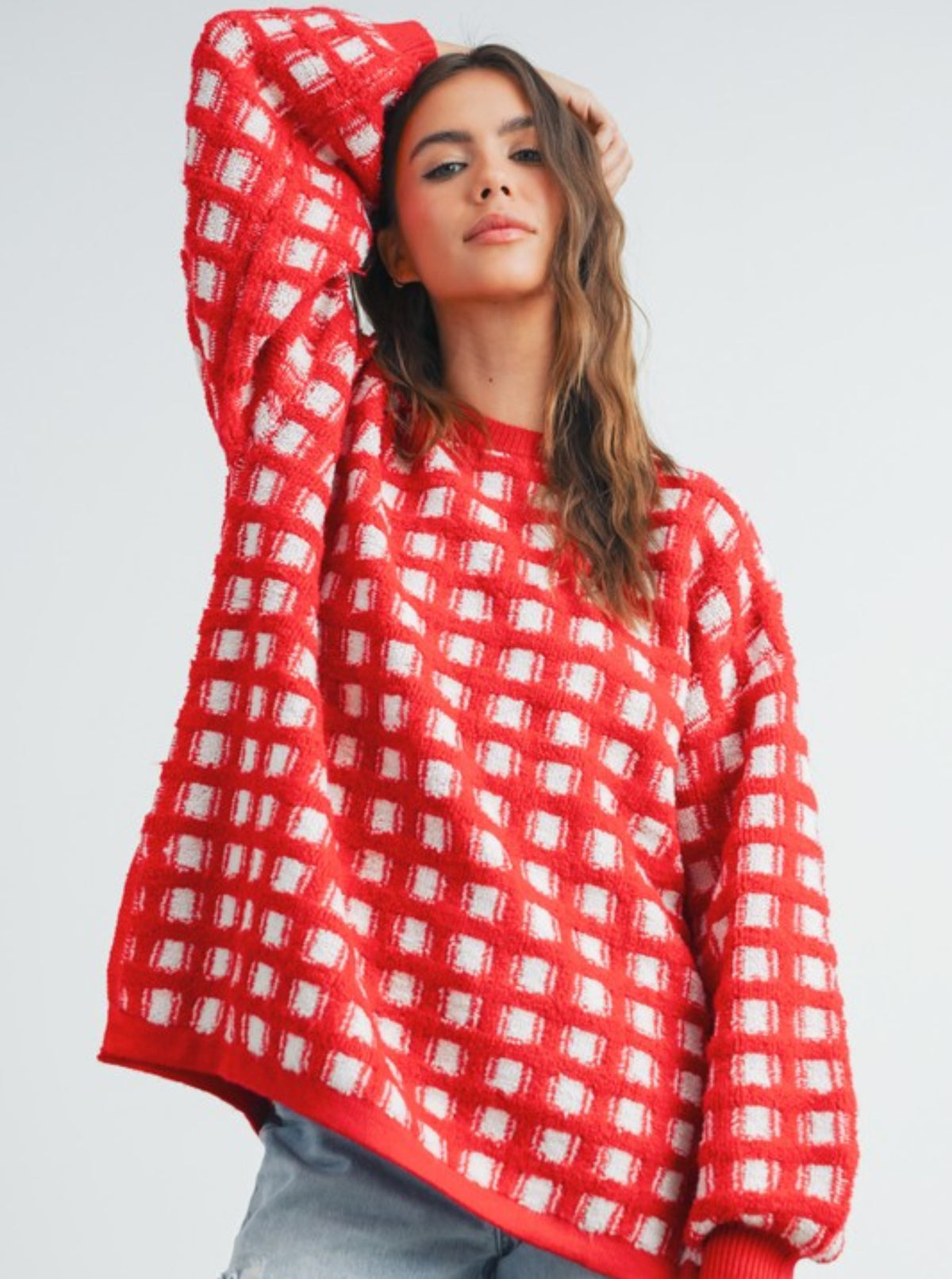 Windowpane Sweater | Red & White