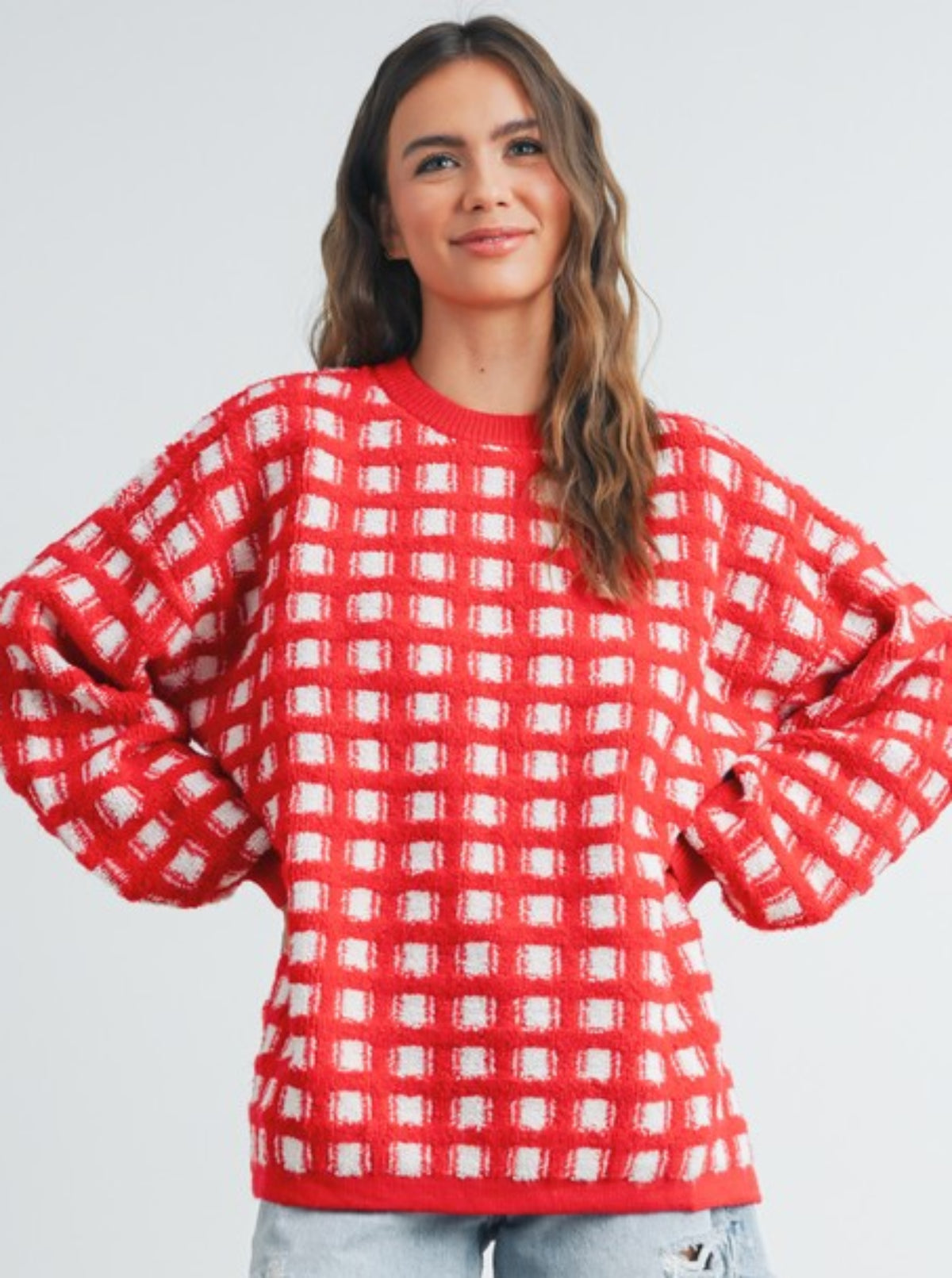 Windowpane Sweater | Red & White