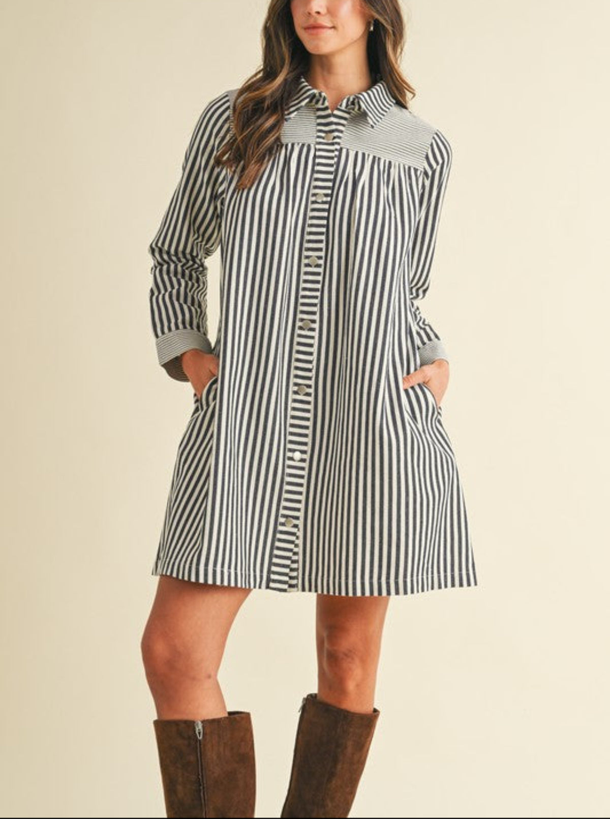Striped Denim Babydoll Dress | Navy & White