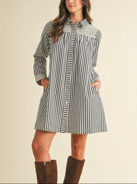 Striped Denim Babydoll Dress | Navy & White