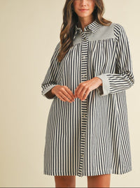 Striped Denim Babydoll Dress | Navy & White