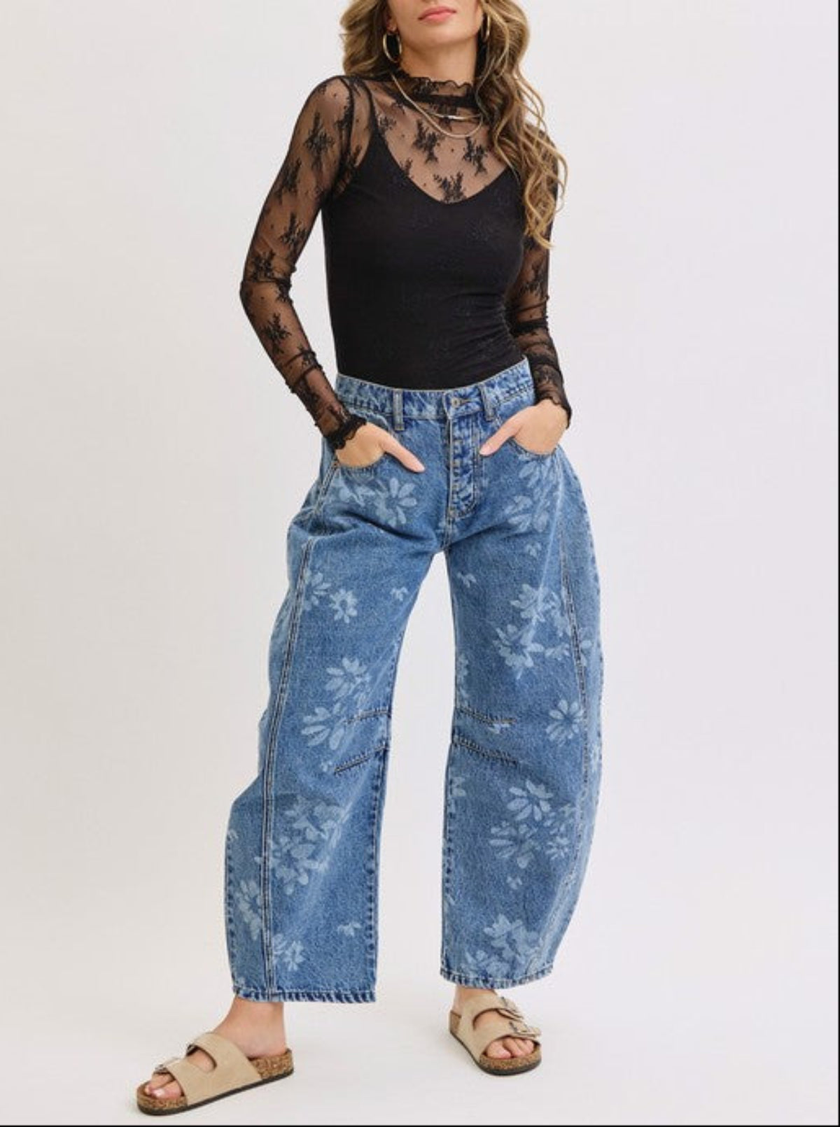 Floral Print Barrel Jeans