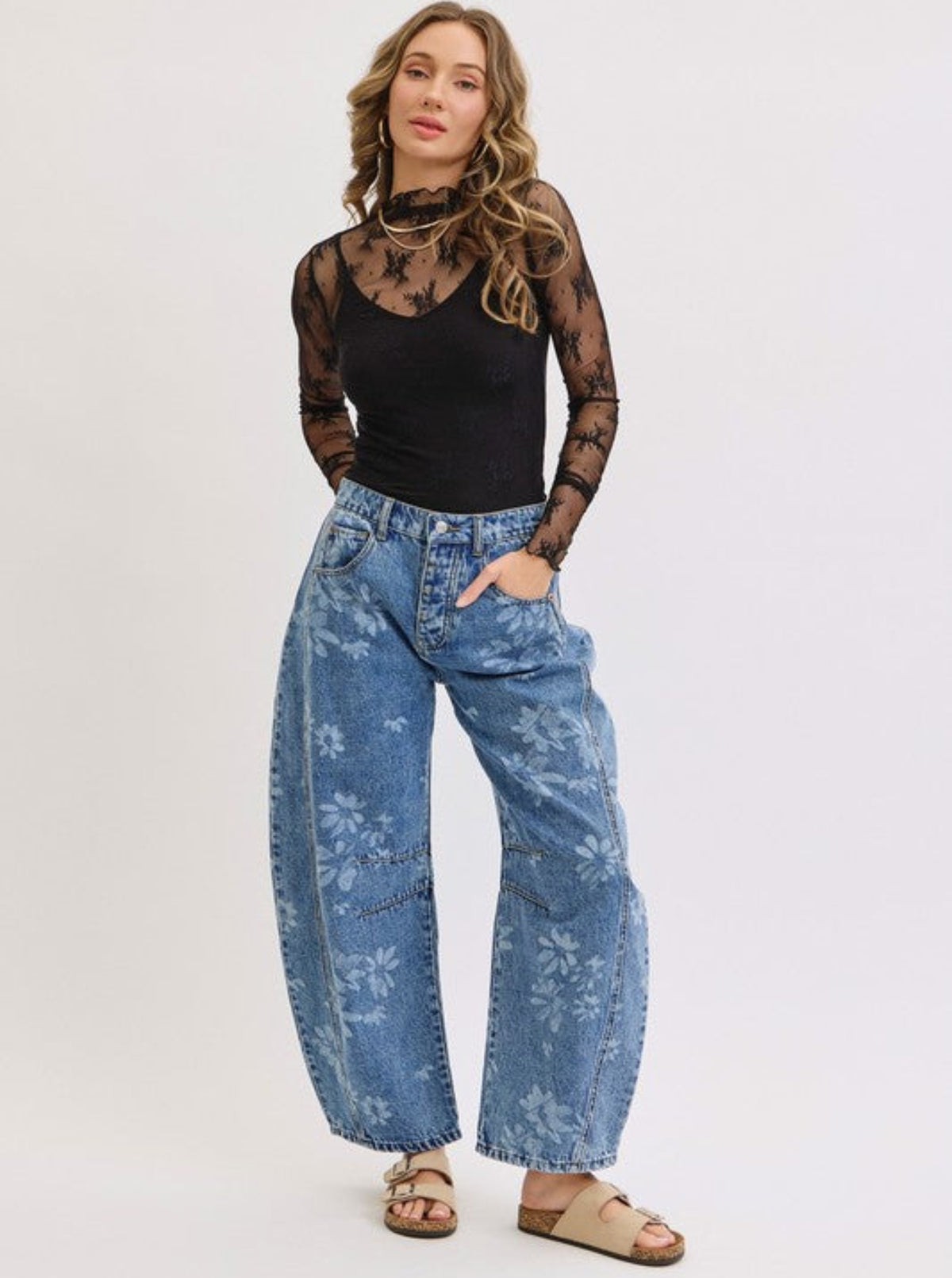 Floral Print Barrel Jeans