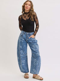 Floral Print Barrel Jeans