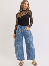 Floral Print Barrel Jeans
