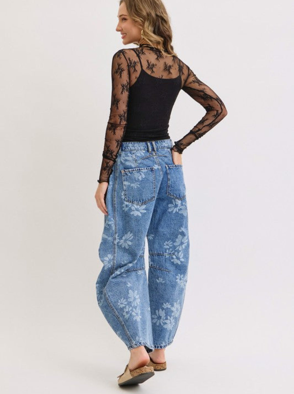 Floral Print Barrel Jeans