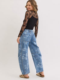 Floral Print Barrel Jeans
