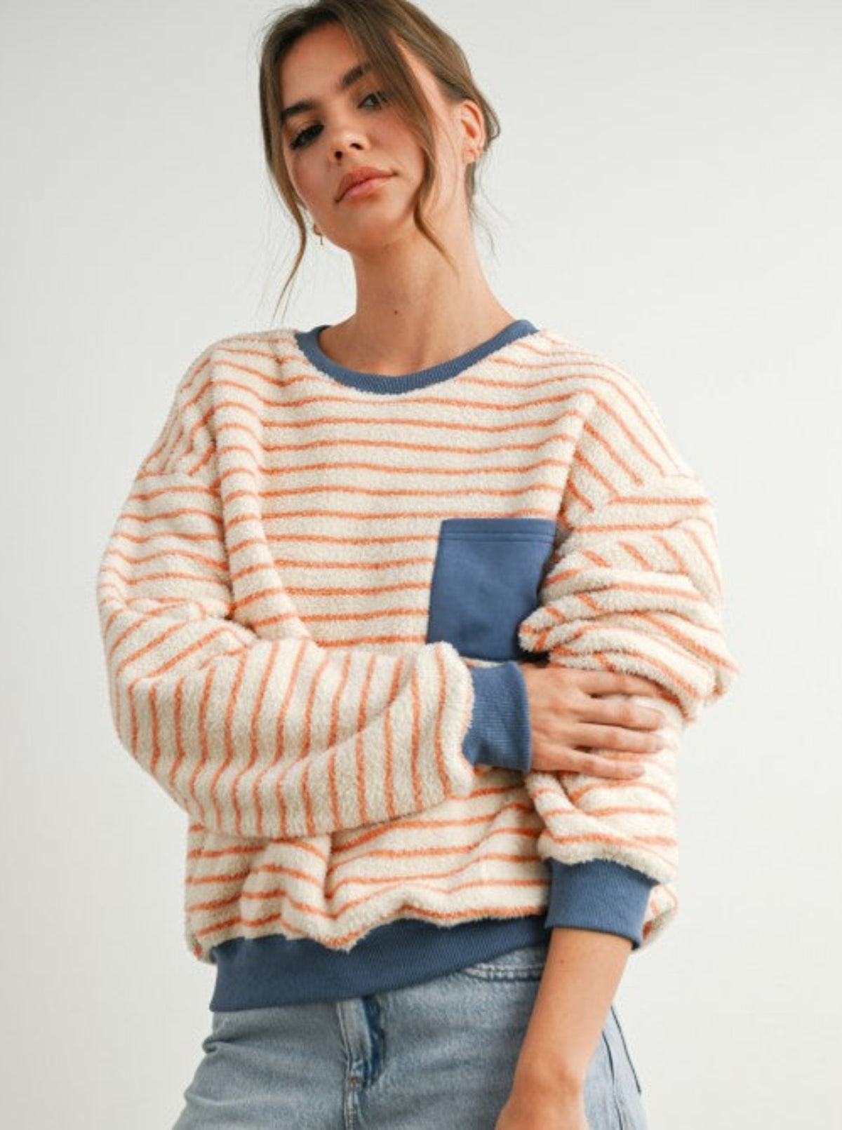 Striped Plush Pullover | Coral & Blue