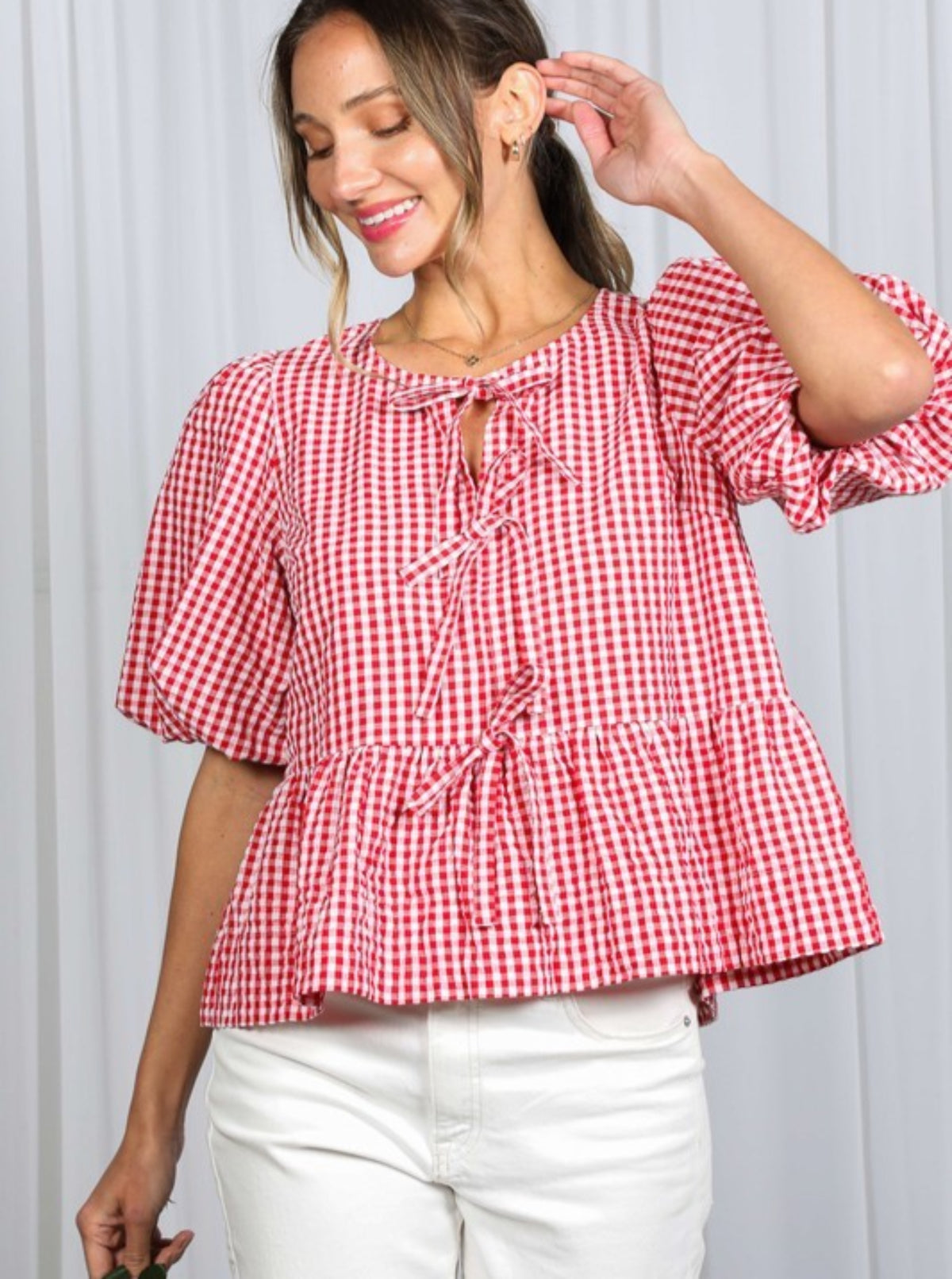 Gingham Bow Front Top  | Black & Red