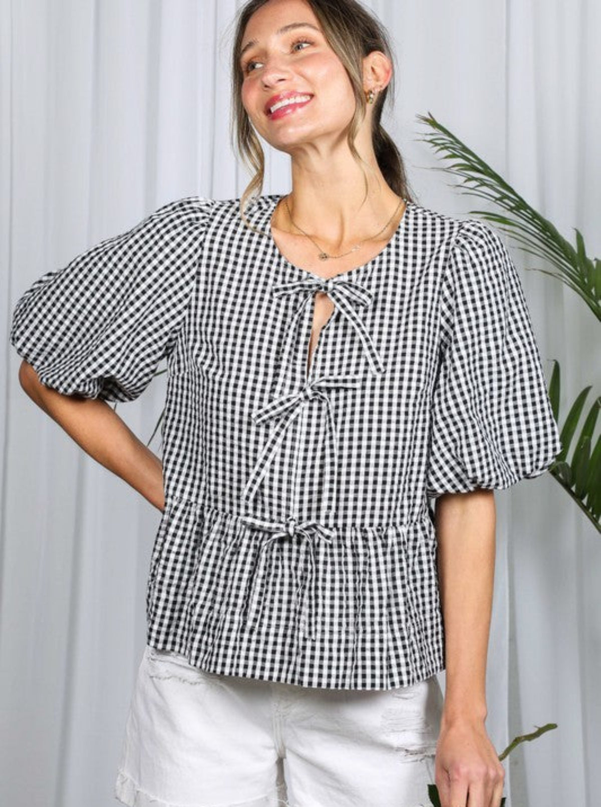 Gingham Bow Front Top  | Black & Red