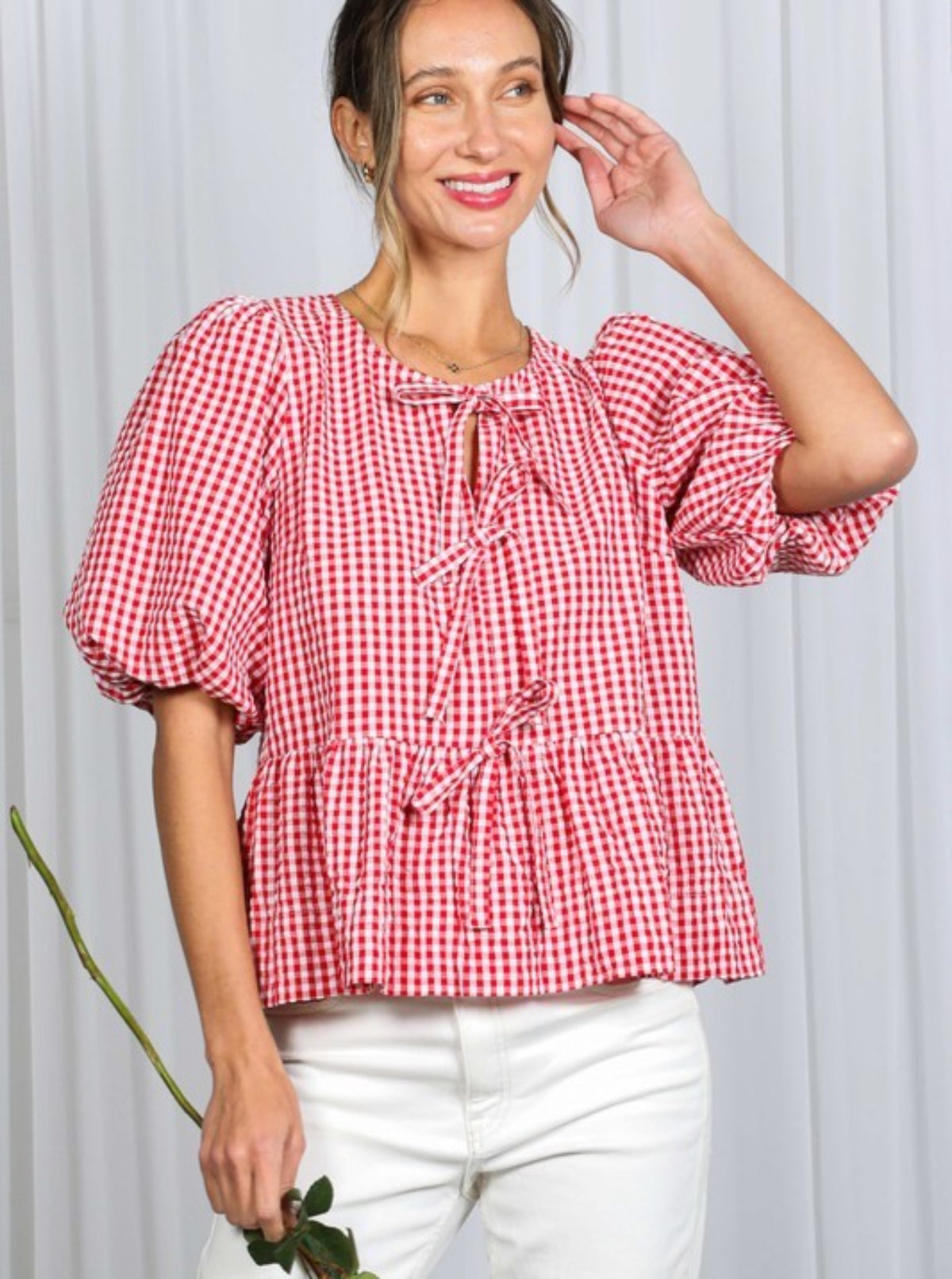 Gingham Bow Front Top  | Black & Red