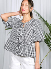 Gingham Bow Front Top  | Black & Red