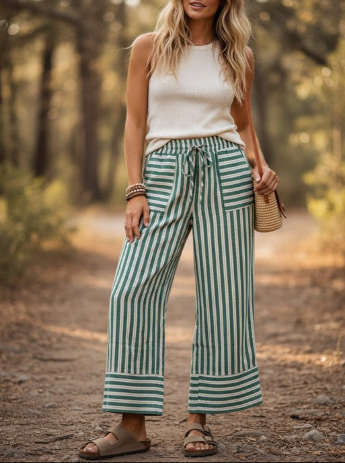 Striped Wide Leg Pants | Green