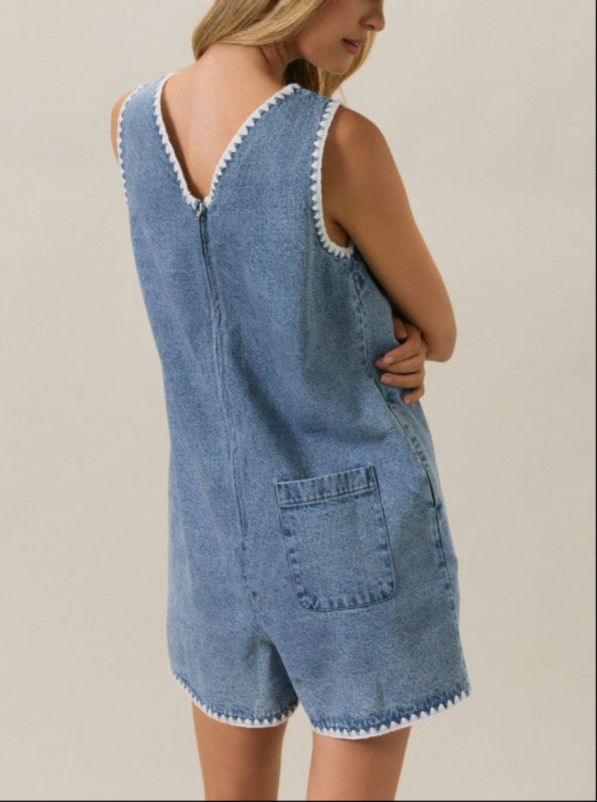 Denim Romper with Whip Stitch Details