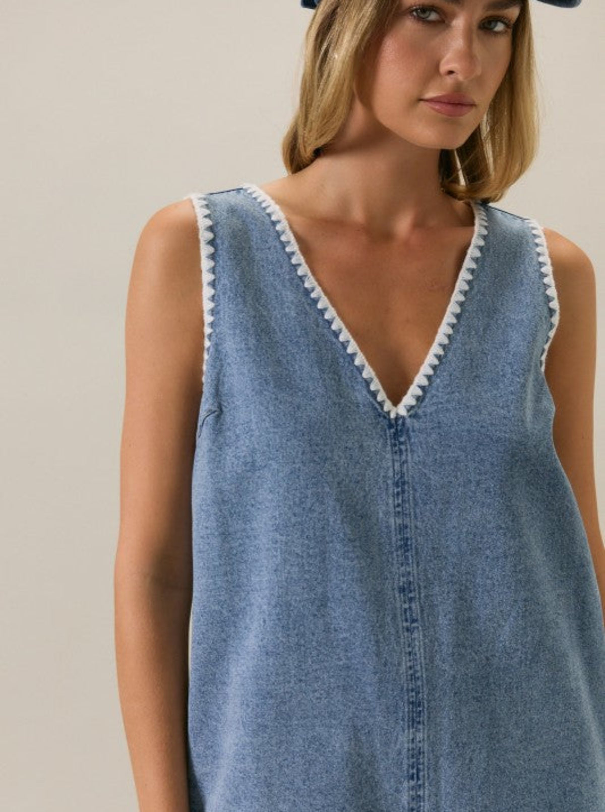 Denim Romper with Whip Stitch Details