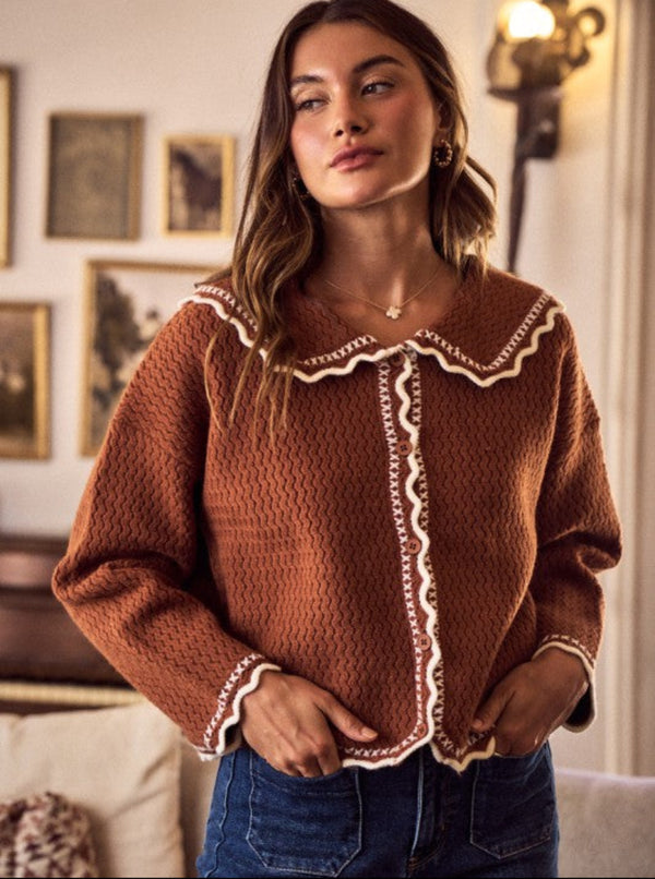 Scallop Sweater Cardigan | Brick