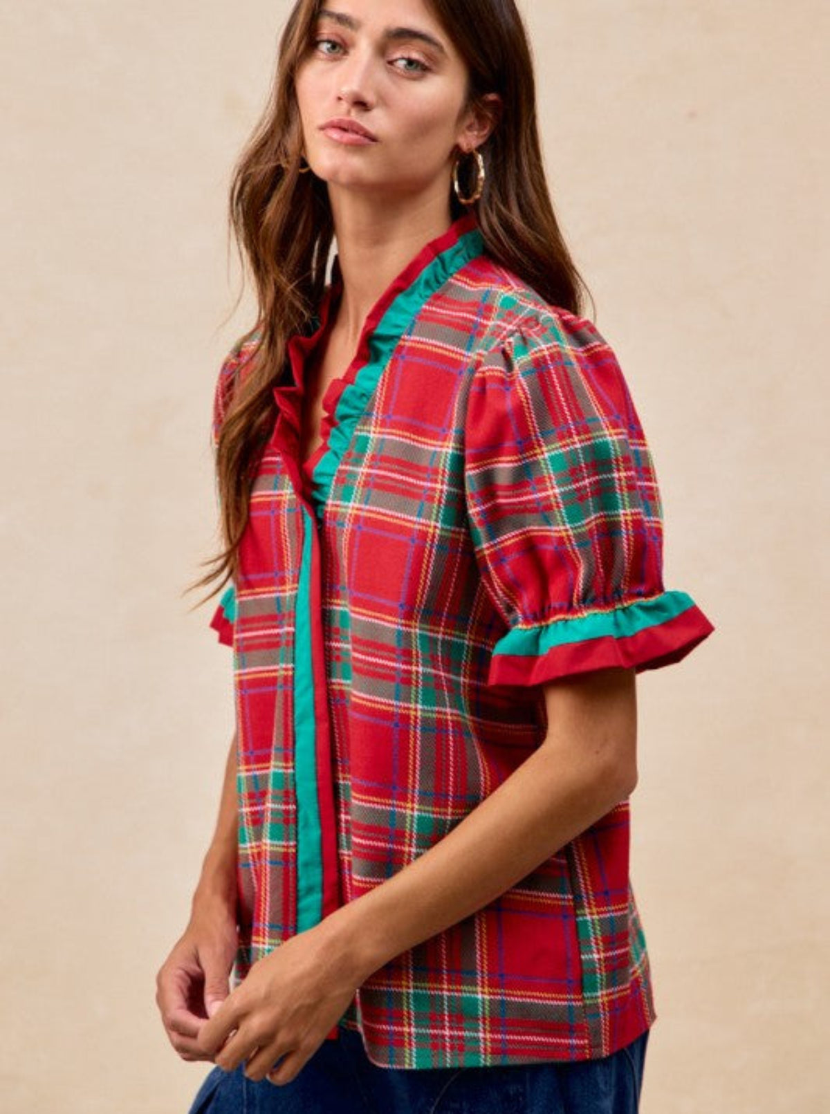 Plaid Puff Sleeves Top | Red