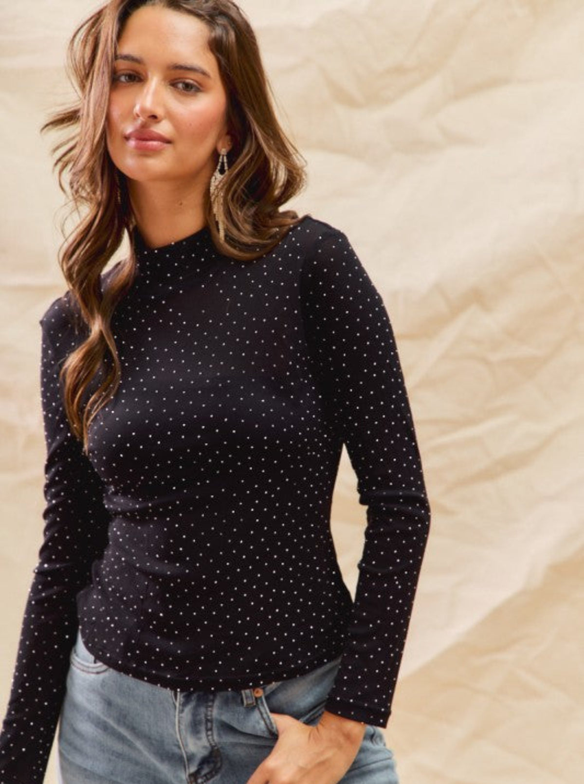 Rhinestone Mockneck Top | Black