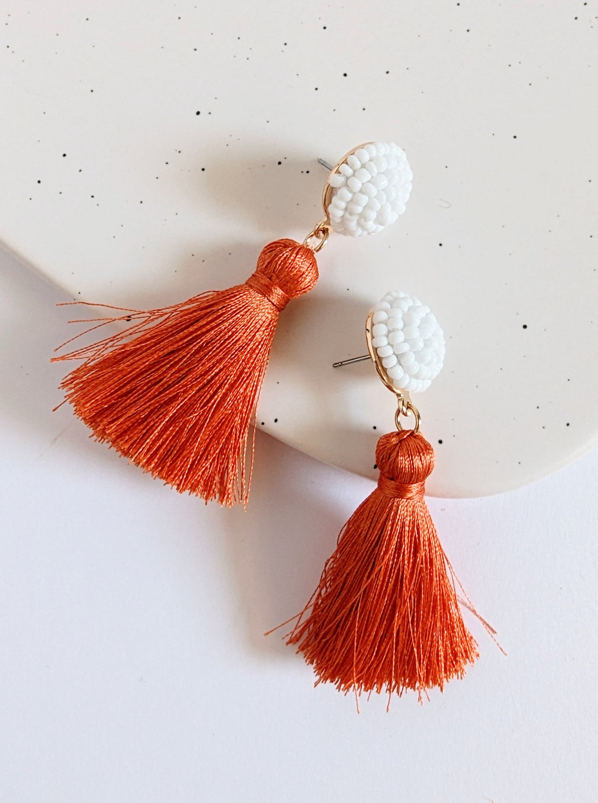 Bead & Tassel Dangle Earrings | Orange & White
