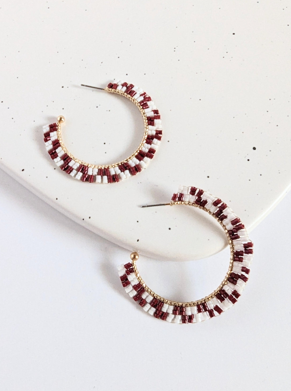 Seed Bead Hoop Earrings | Burgundy & White