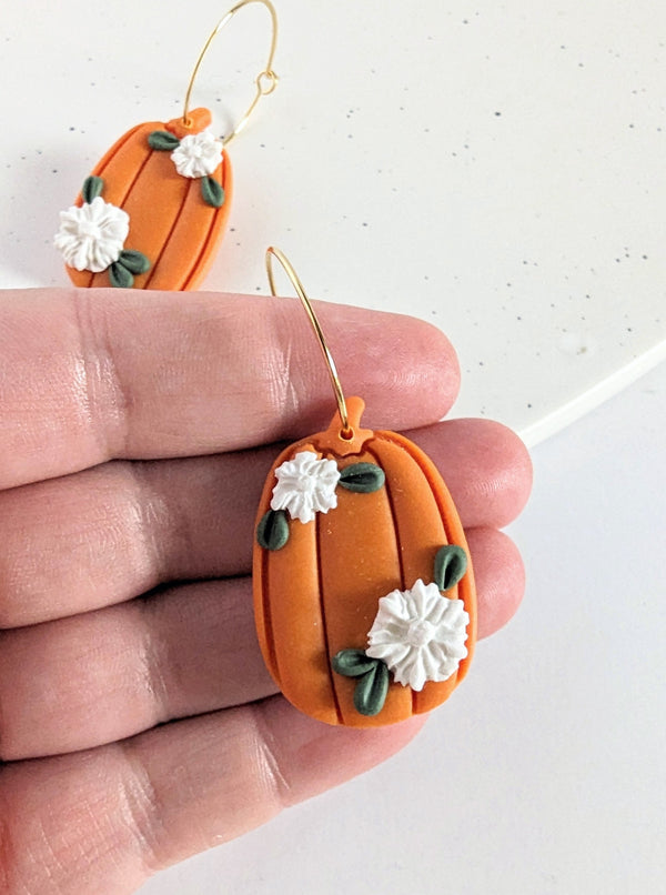 Floral Pumpkin Clay Hoop Earrings