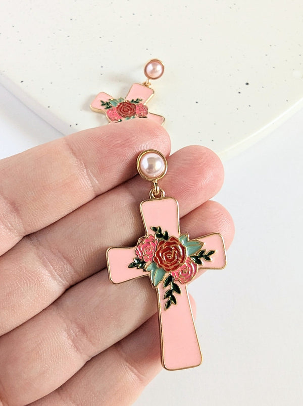 Floral Cross Earrings | Pink
