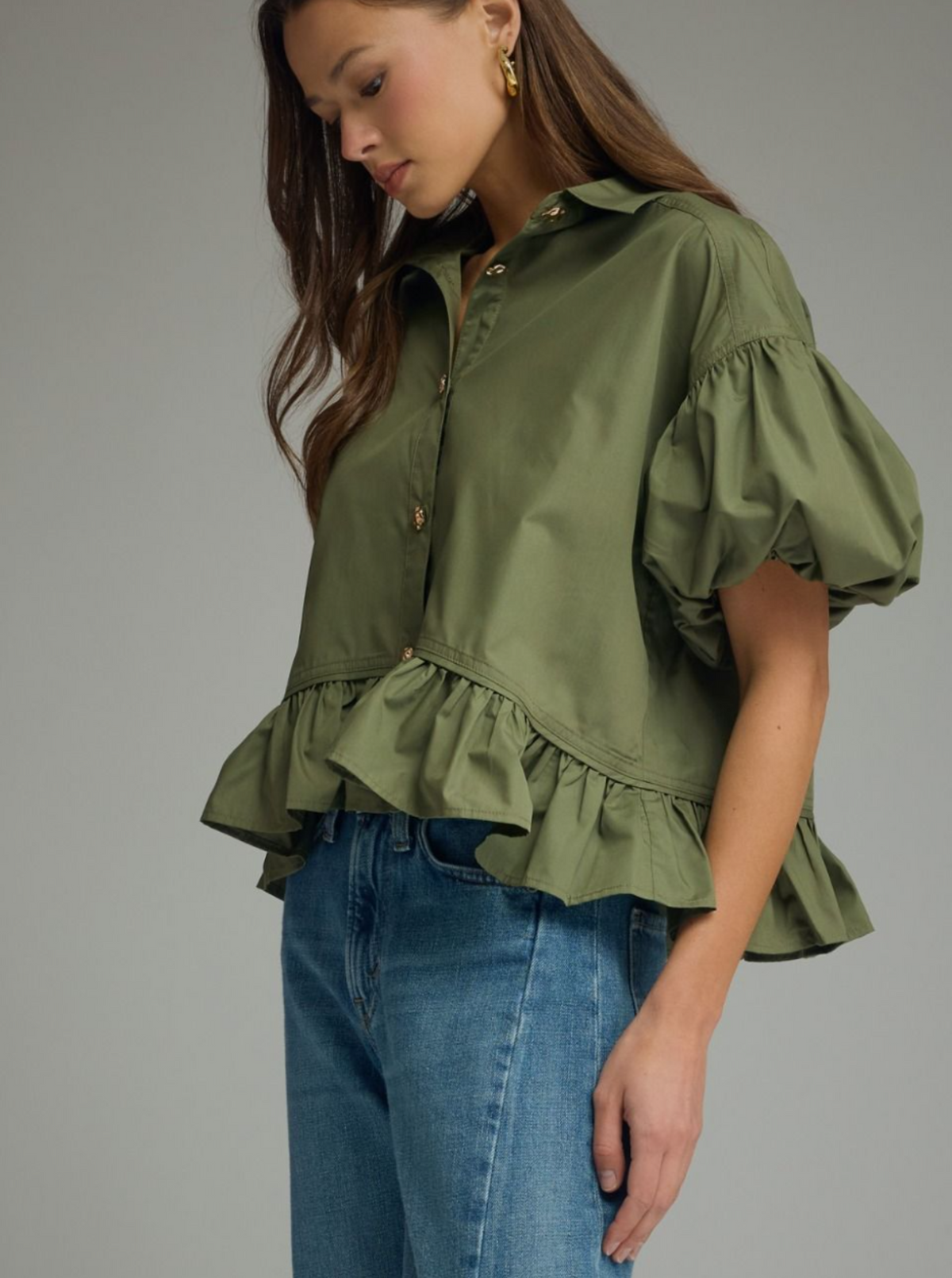 Fiona Button-Down Peplum Top | Olive