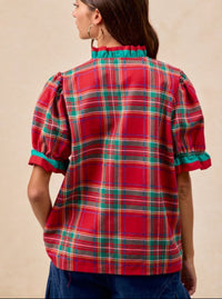 Plaid Puff Sleeves Top | Red