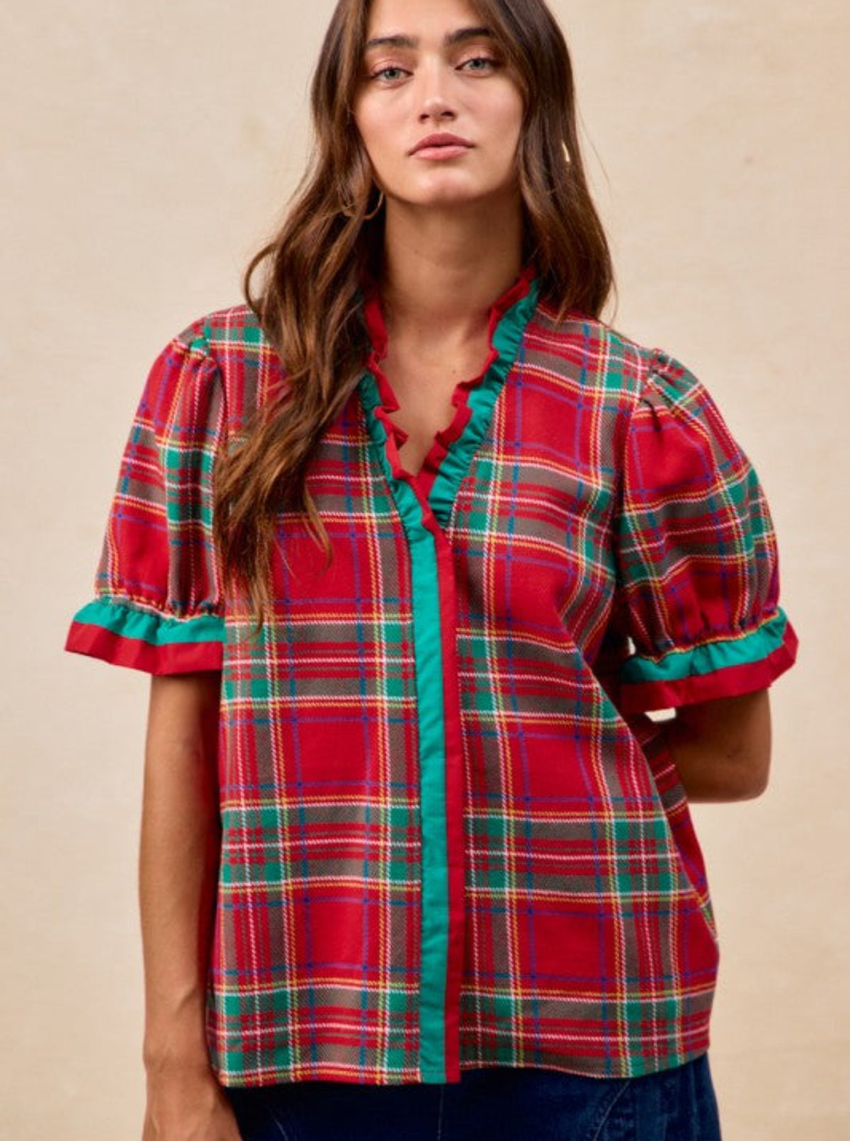 Plaid Puff Sleeves Top | Red