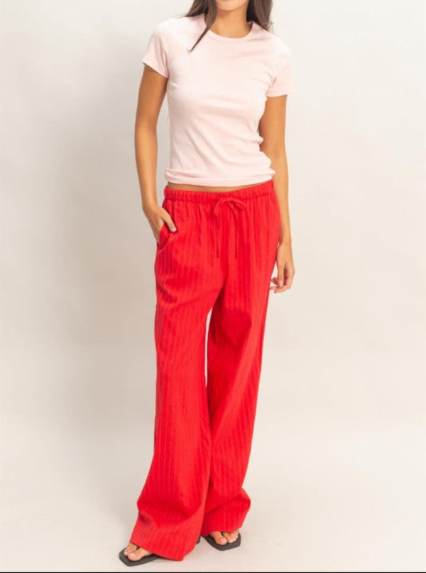 Pinstriped Jacquard Drawstring Pants | Red