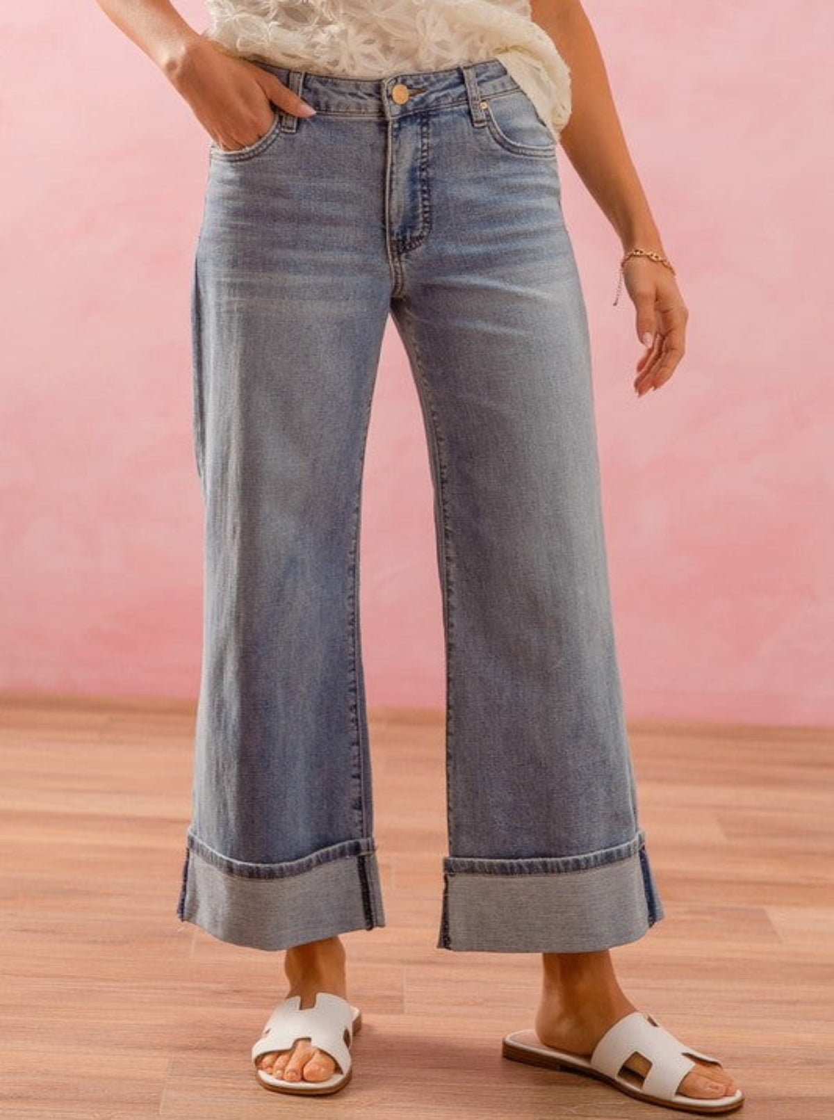 Straight Leg Mid-Rise Jeans With Cuffed Hem