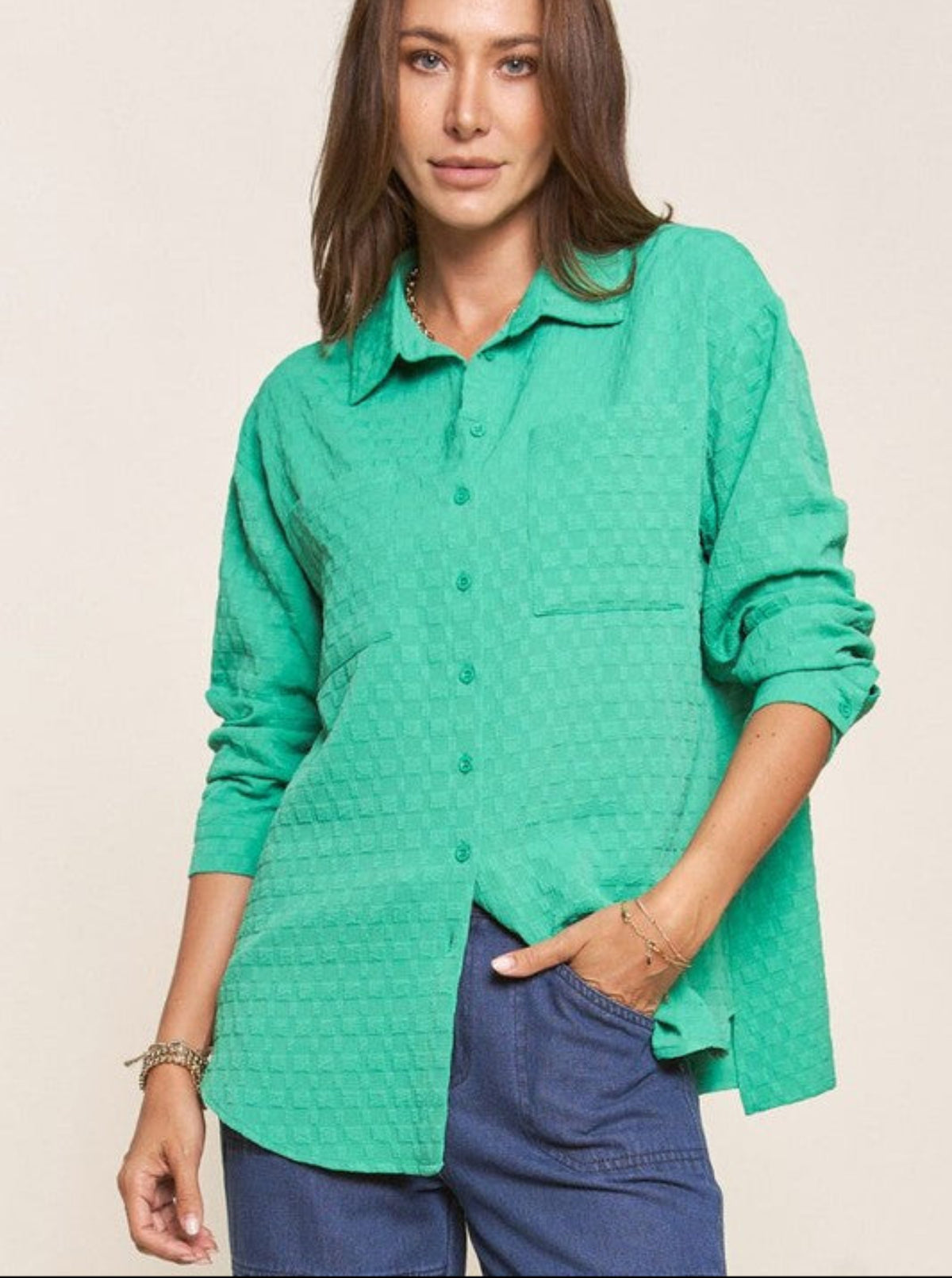 Jacquard Button Down Top | Green