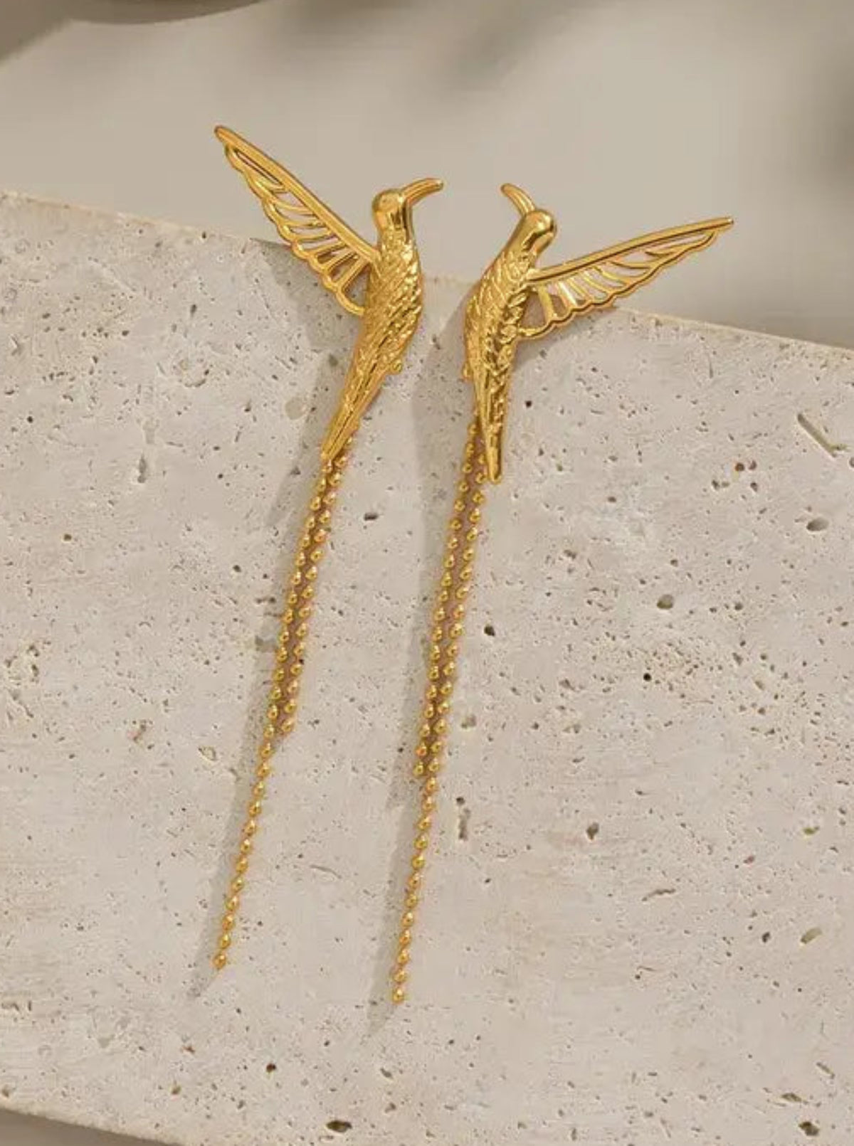 Tarnish Resistant Bird Tassel Earrings | Gold
